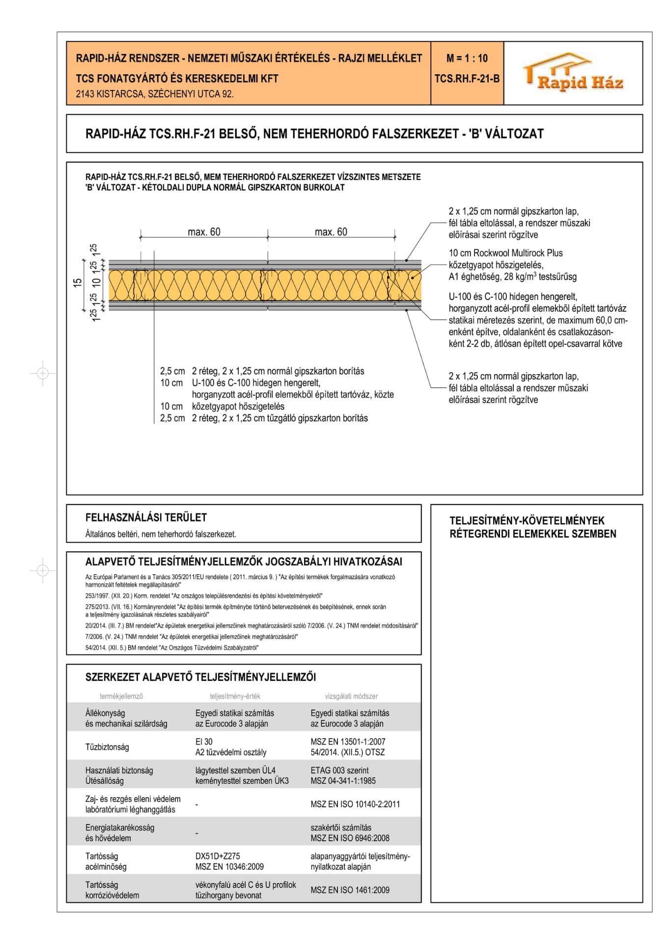 Belső nem teherhordó fal B változat rétegrendje